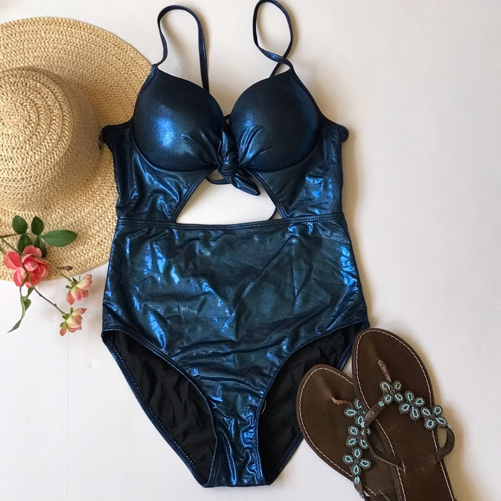 shinny blue keyhole onepiece swimsuit bathingsuit